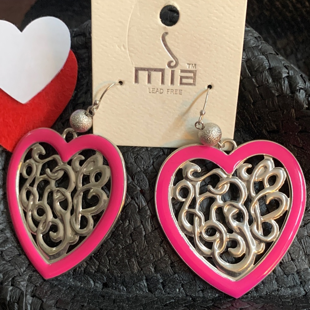 MIA Vibrant Pink and Silver Heart Earrings